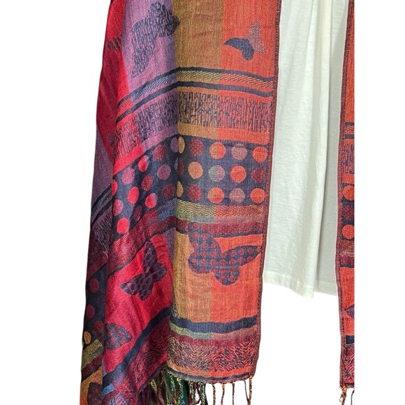 Pashmina & Silk Butterfly Shawl With Fringe Reversible Purple Orange Red Boho - Picture 2 of 12
